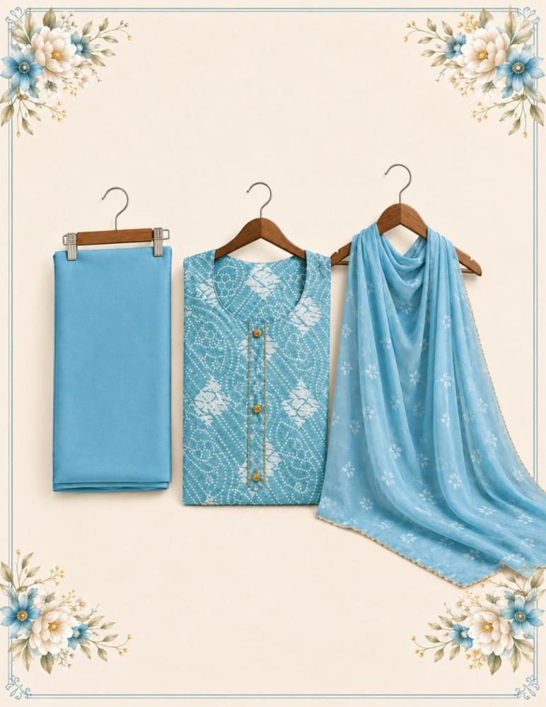 Bandhani Print Semi-Stitched Muslin Cotton Suit with Chiffon Dupatta