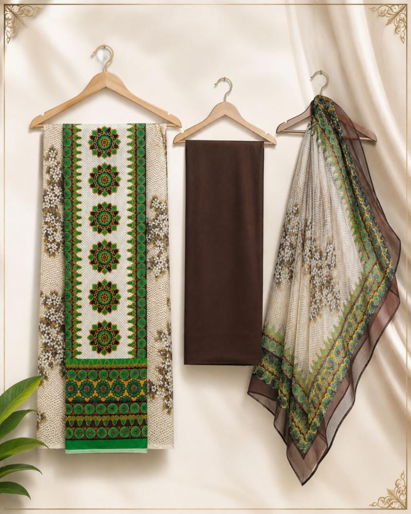 Womenâs Cotton Printed Unstitched Suit Fabric with Plain Bottom & Chiffon Dupatta