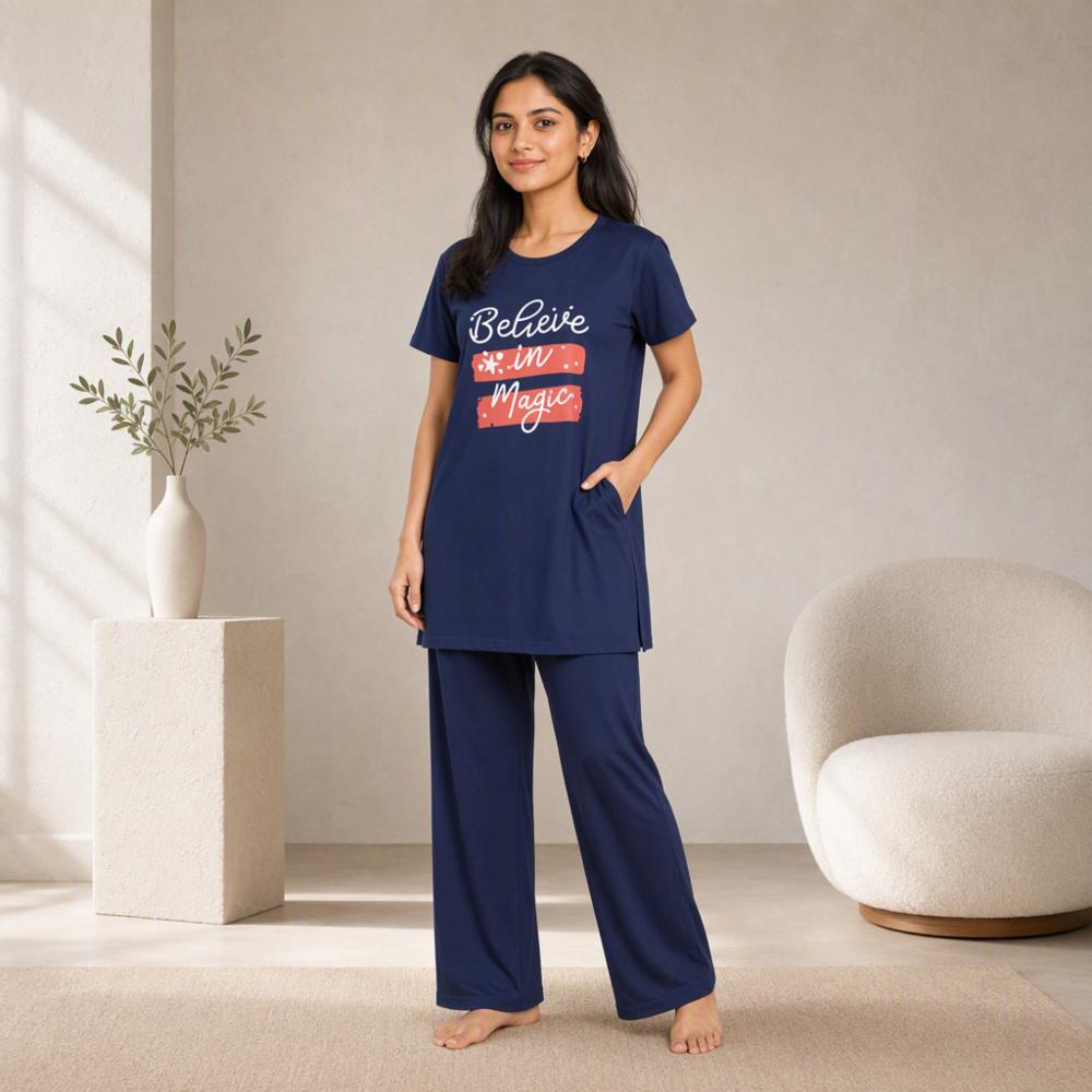 Women's Cotton Hosiery Night Suit | Long Tee with Side Pocket & Straight Pant