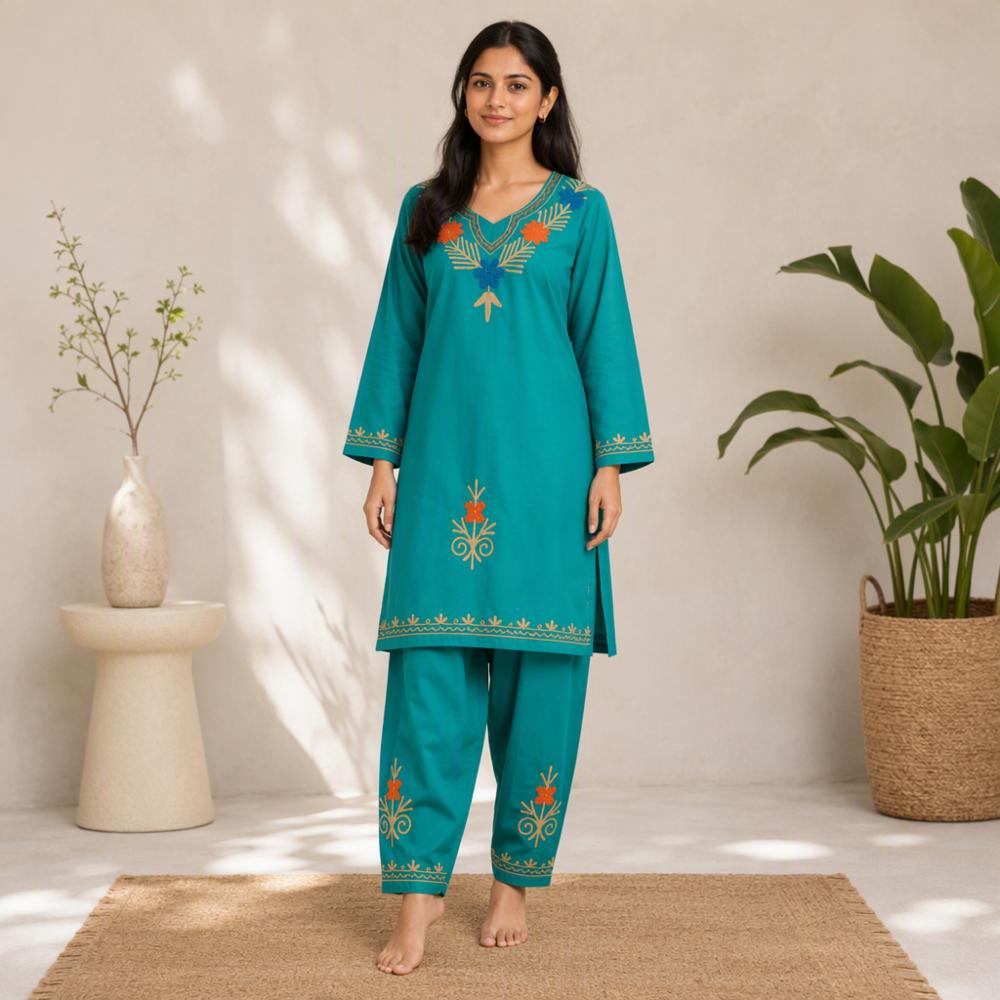 Kashmiri Embroidered Cotton Blend Co-Ord Set | Kurta Pant Set