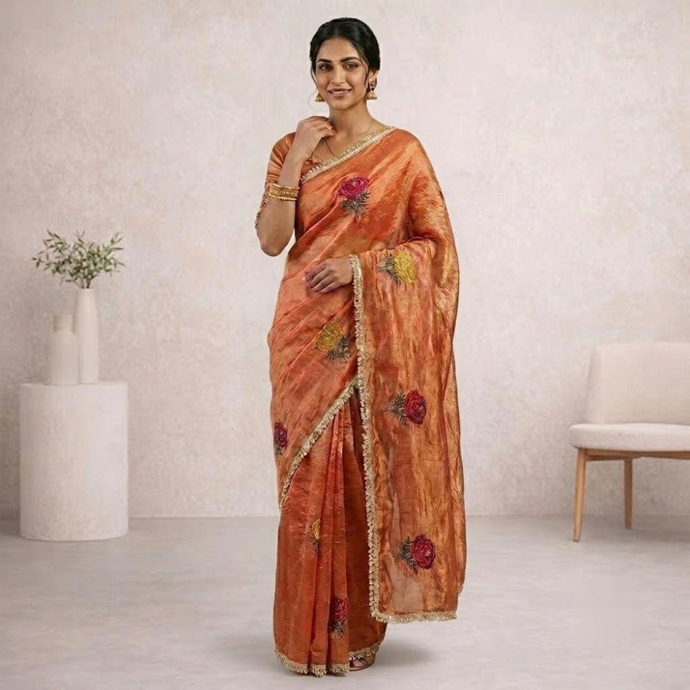 Pure Space Silk Saree With Flower Embroidery And Lace Border