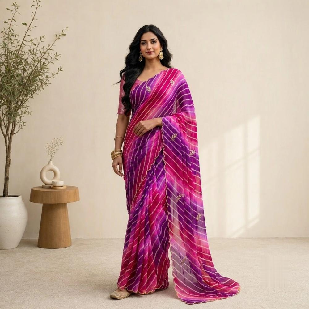 Leheriya Georgette Saree with Lace Border 