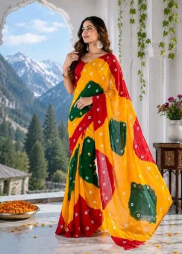 Latest Trend Bandhej Bandhani Trending 2026 Chiffon Designer Saree Printed Bandhani Saree New Design Party Wear Saree And Festive Saree New Collection Fancy Saree for Women Party Wear Summer Chiffon Saree