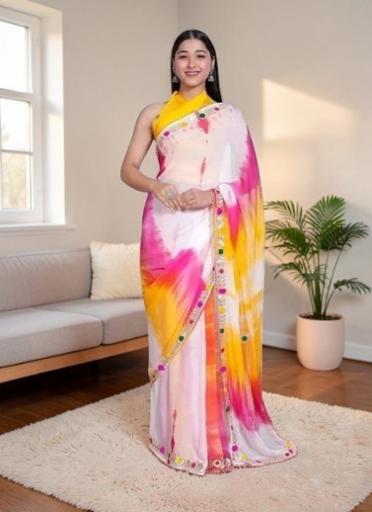 Latest Trend Bandhej Bandhani Trending 2026 Chiffon Designer Saree Printed Bandhani Saree New Design Party Wear Saree And Festive Saree New Collection Fancy Saree for Women Party Wear Summer Chiffon Saree