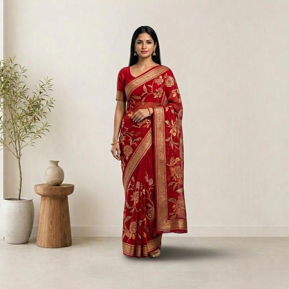 Simple saree with floral and leafy pattern