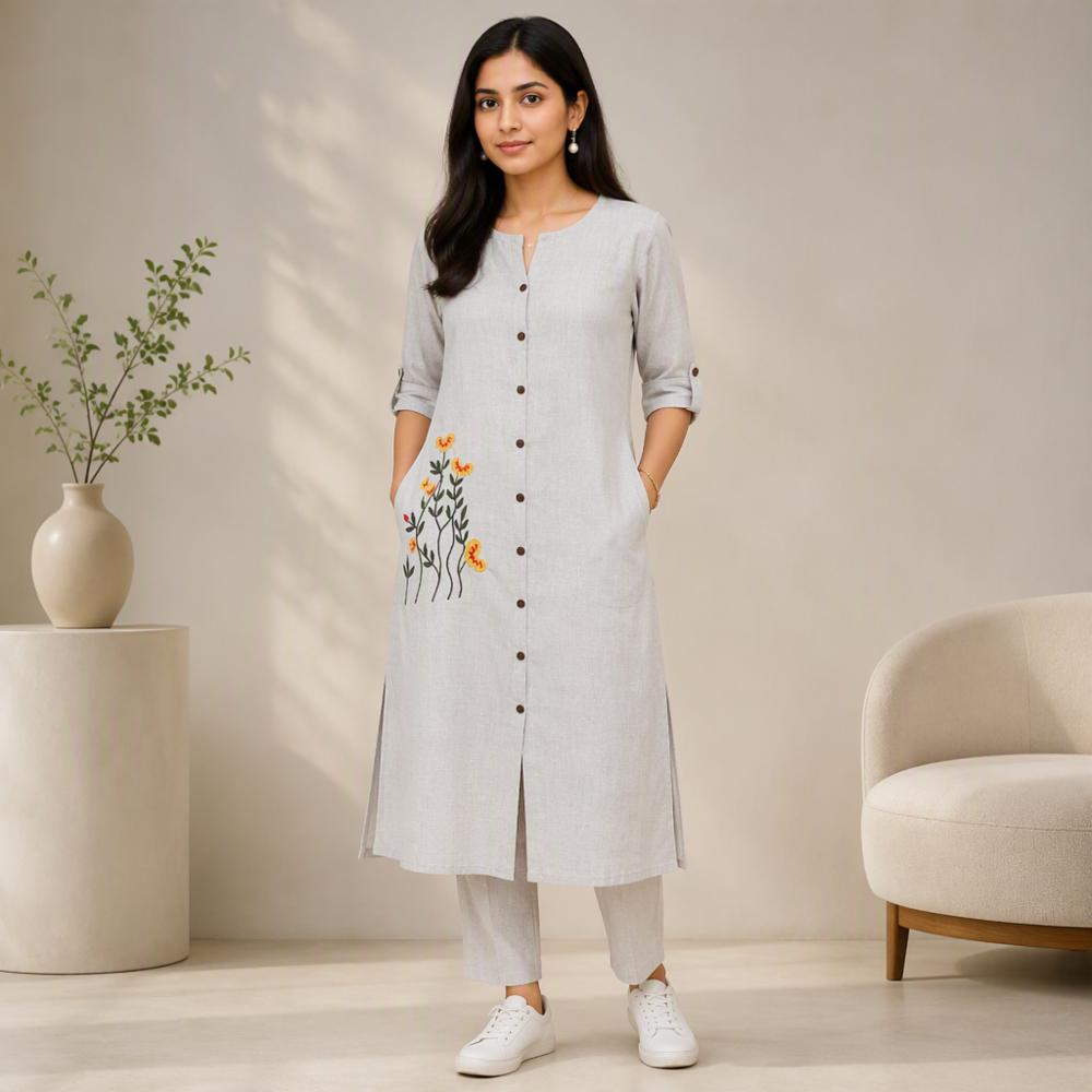 Pure Khadi Cotton Kurta with Embroidery and Front Pocket