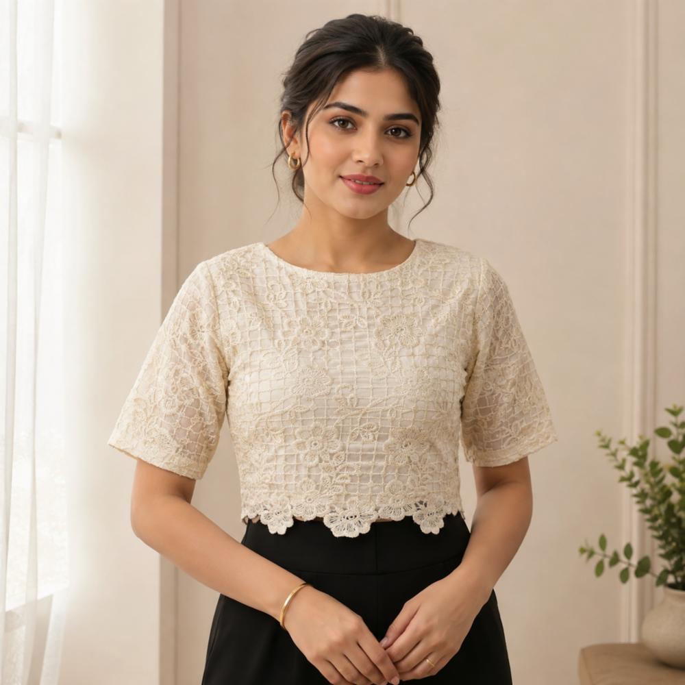 Vedaanti Ivory Floral Lace Crop Blouse