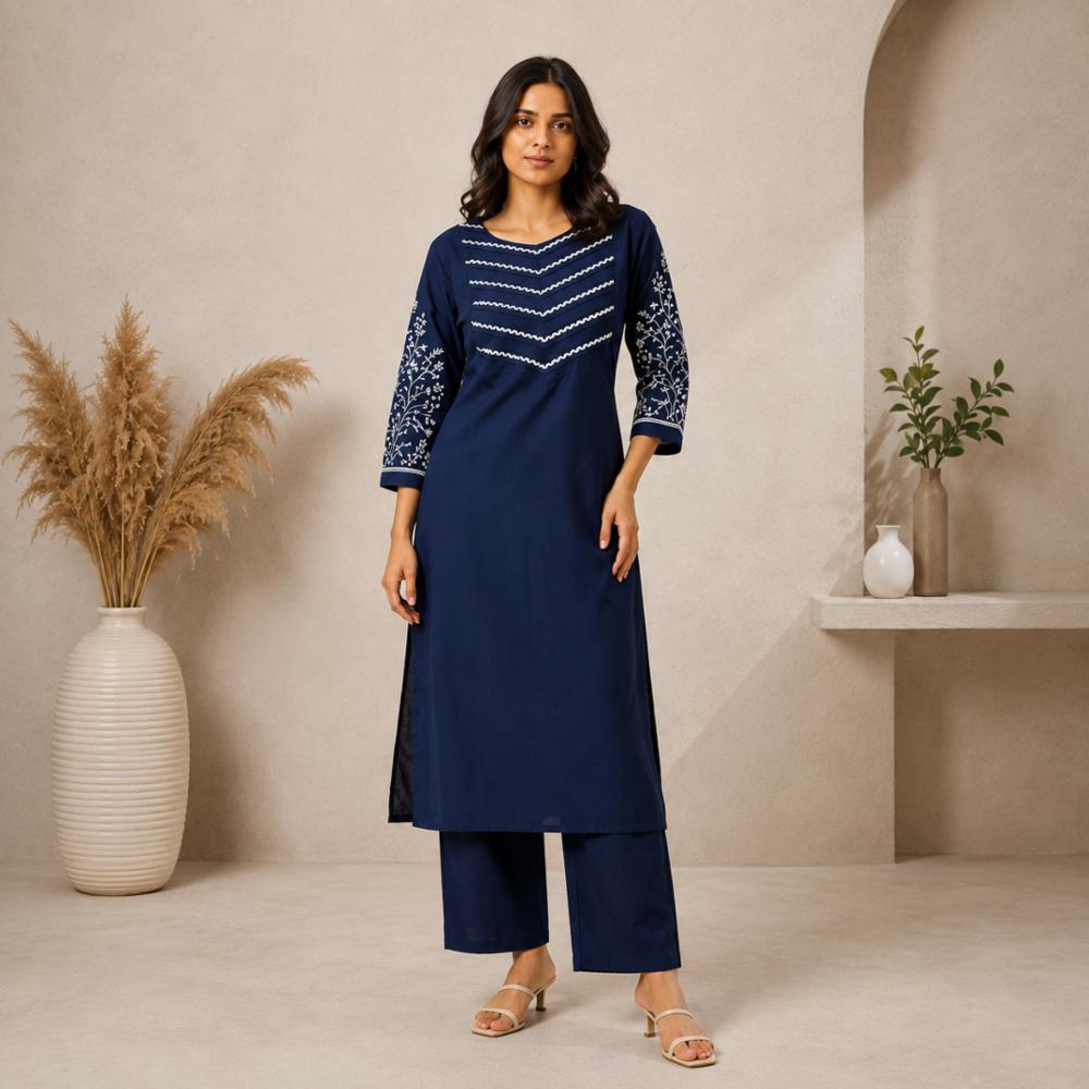 Embroidered Cotton Kurti Pant Set
