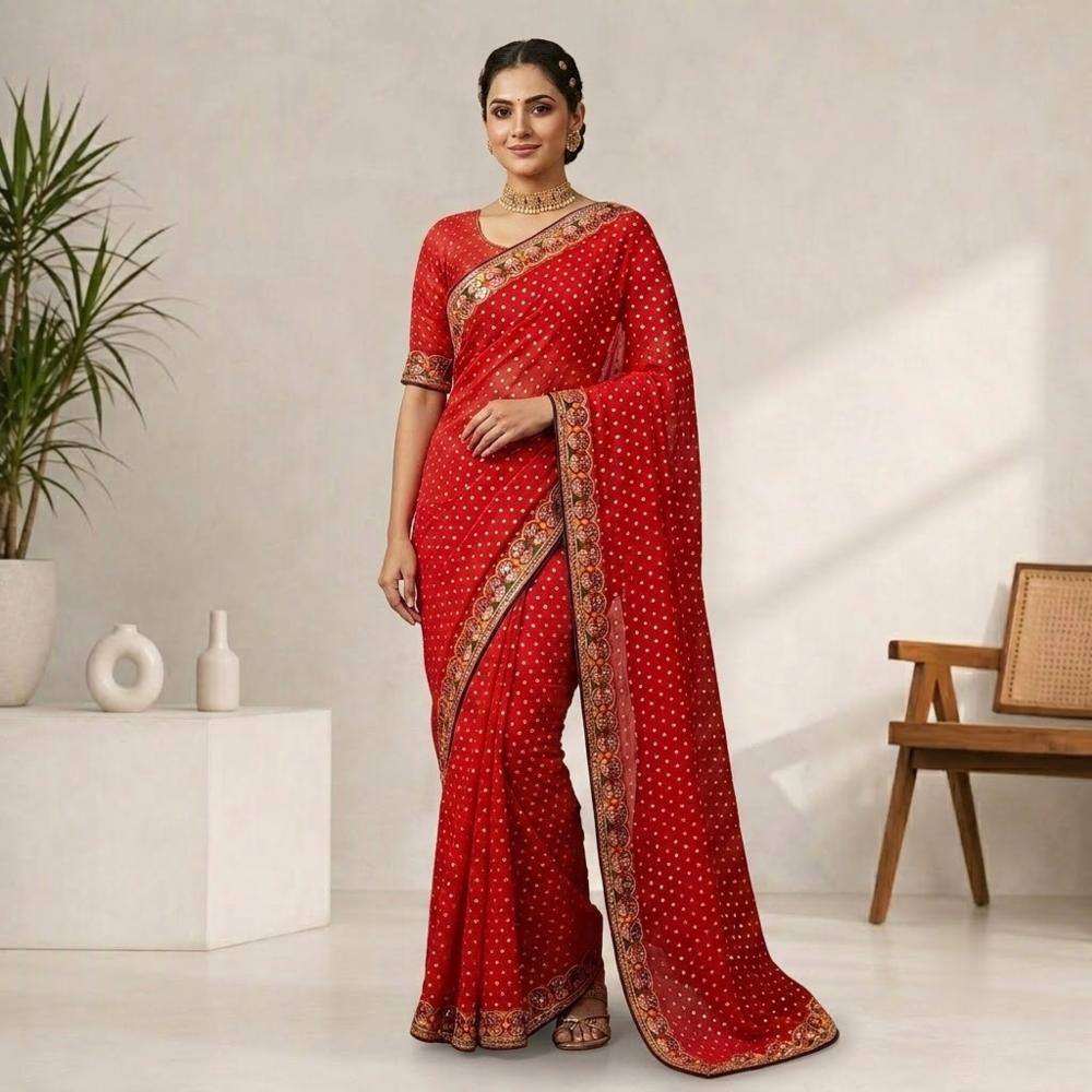 Red Georgette Saree with Embroidery Work and Lace Border