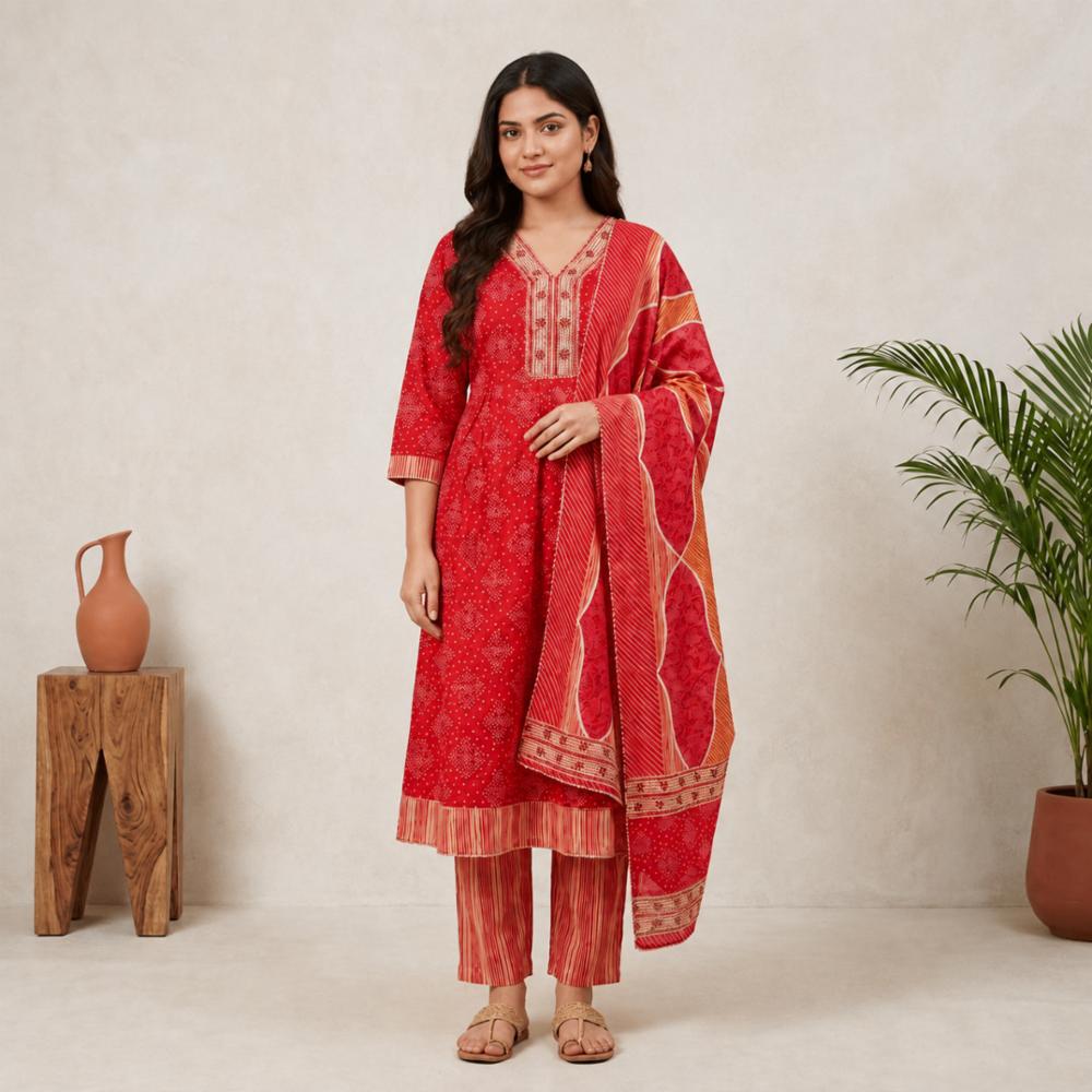 Pure Cotton Anarkali Kurti Pant Dupatta Set