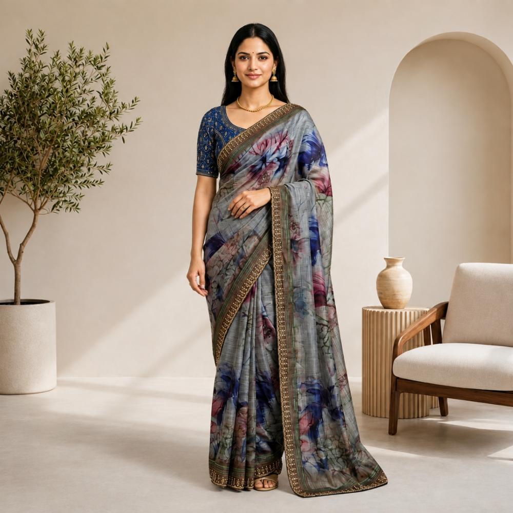 Saree with Navy Blue Embellished Border and Designer Blouse