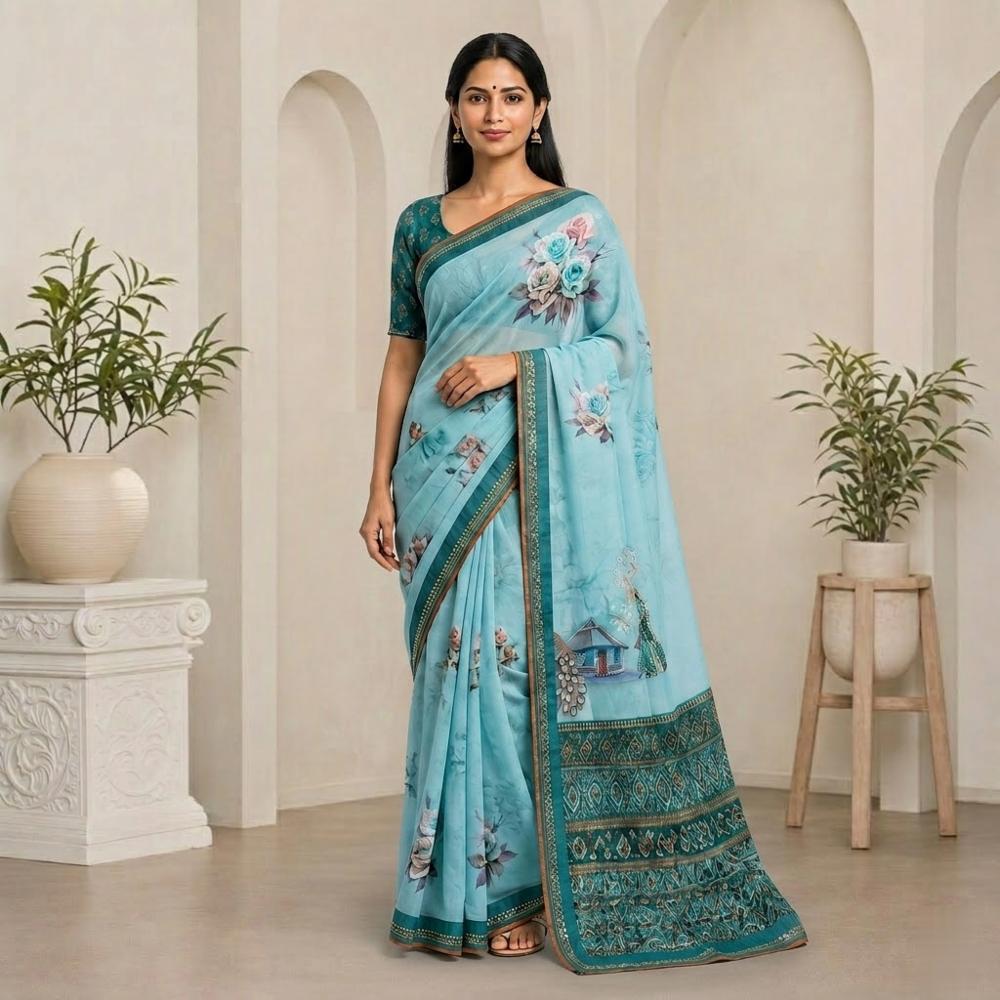 Semi Chiffon Printed Saree with Embellished Border and Matching Blouse