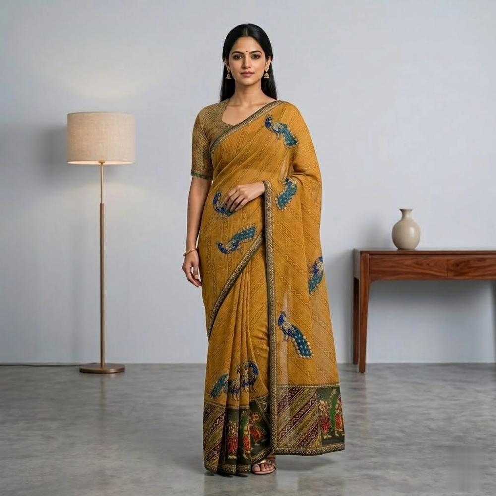 Semi Chiffon Saree with Ethnic Print
