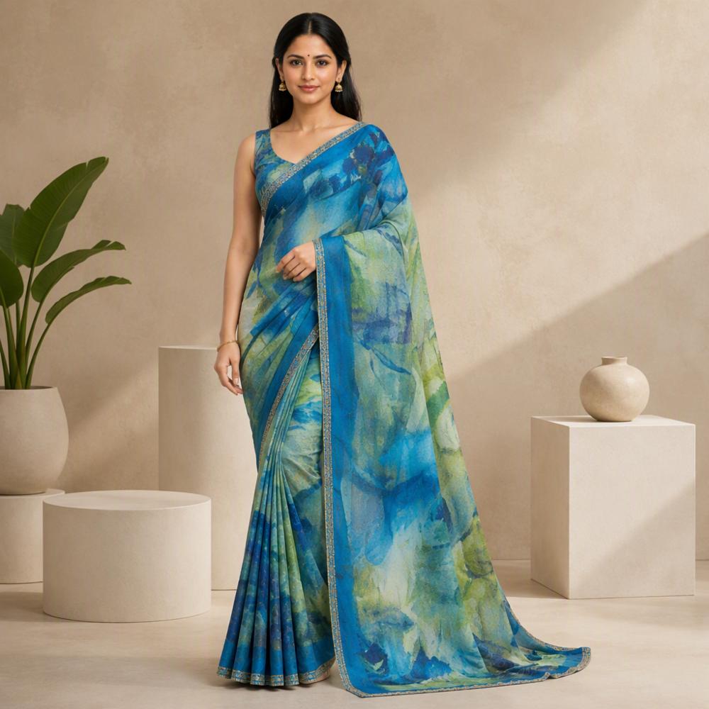 Saree with Bead and Rhinestone Border