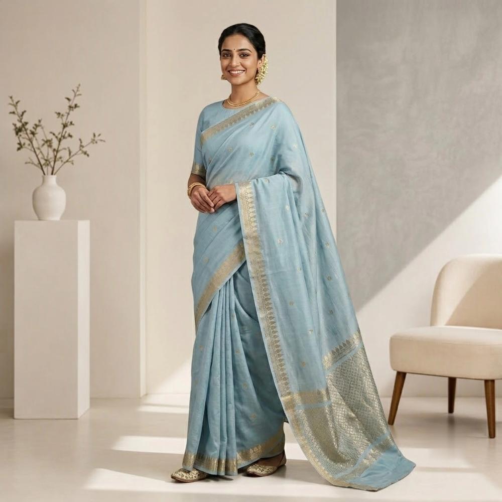 Silk Crape Saree with Gold Polka Dots and Temple Border