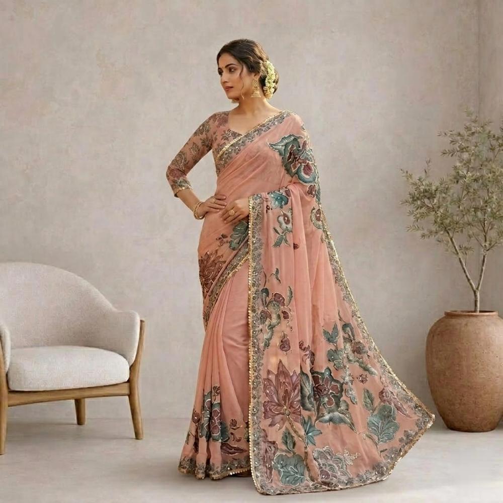 Saree with Sequins, Hand Mirror Work & Lace Border
