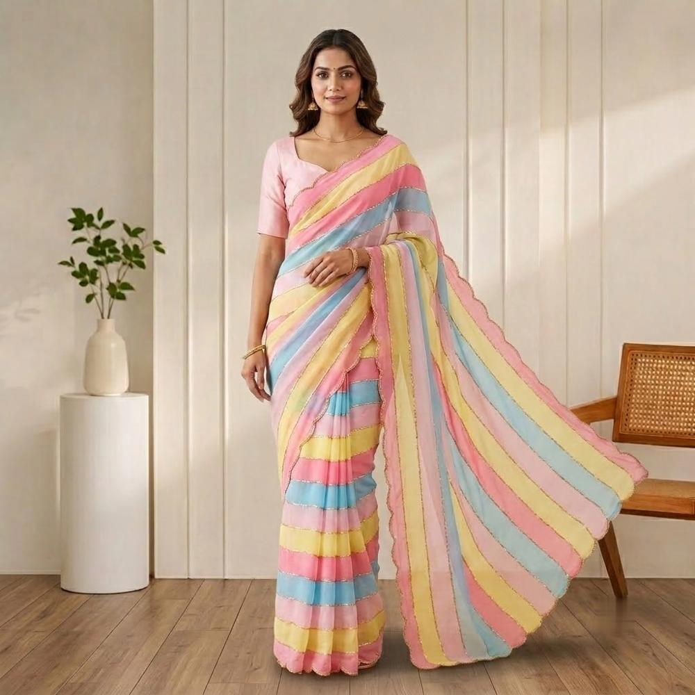 Saree with Multicolor Print and Beads Handwork Border