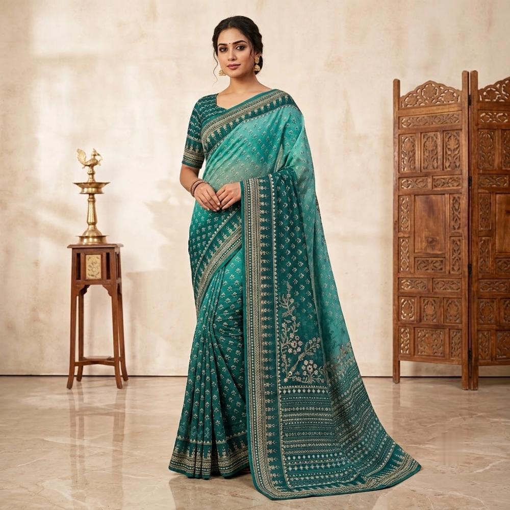 Fox Georgette Saree with Dual Tone Prints and Mirror Work