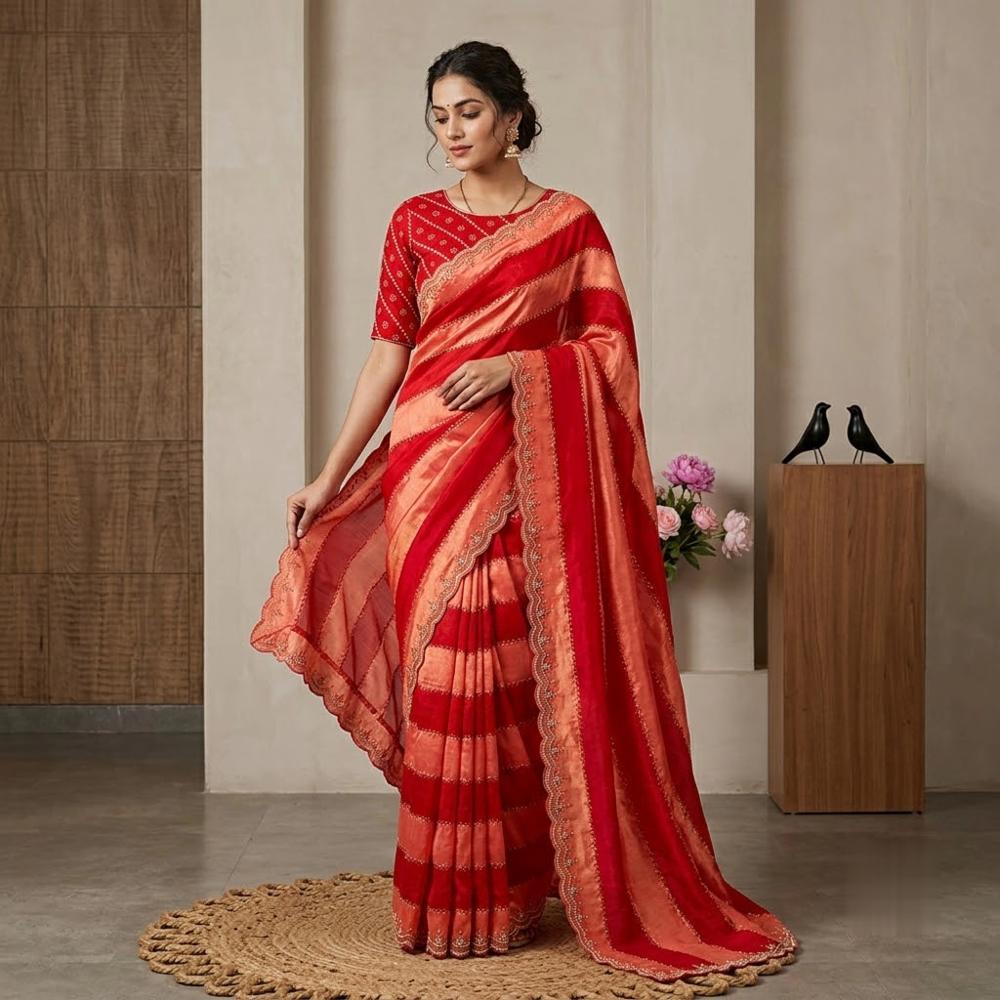Space Silk Saree with Jarkan Work and Cutwork Border
