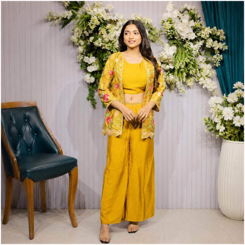 Designer Pure Chinon Silk Shrug and Plazo Pant Set with Floral Embroidery