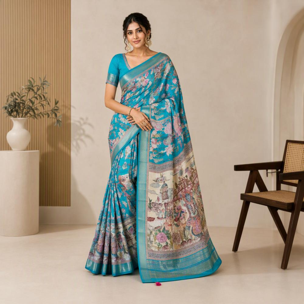 Banarasi Checks Floral AppliquÃ© Designer Saree with Zari Pallu