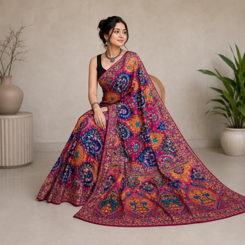 Pure Arjakh Satin Viscose Silk Designer Saree with Mirror Work