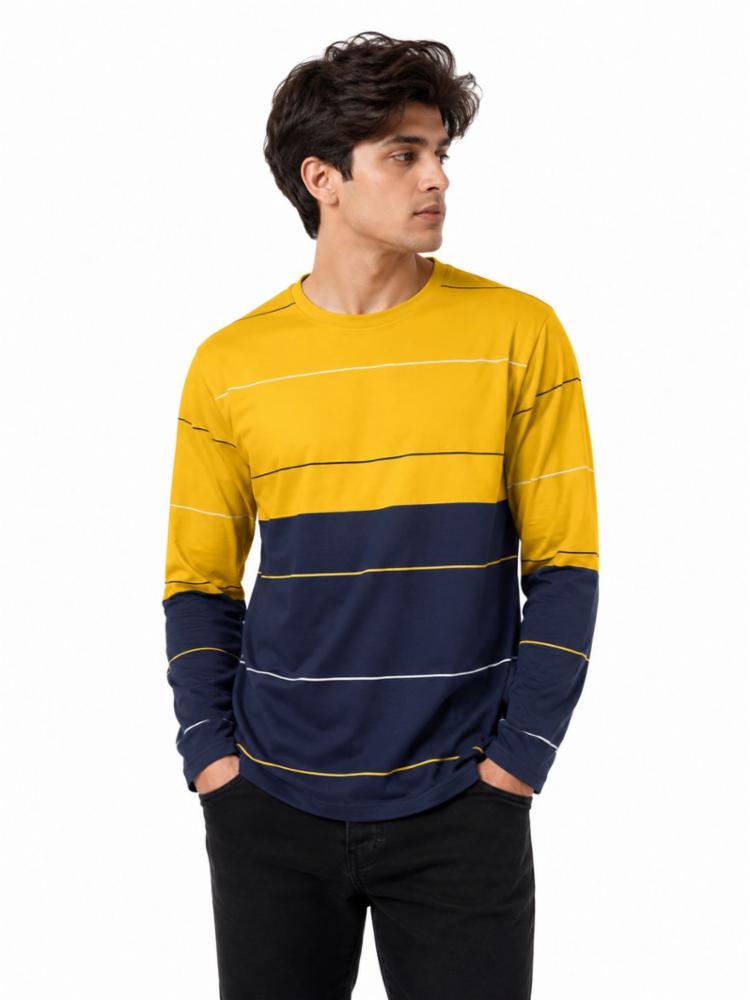 Men's Mustard Yellow & Navy Colorblock Striped Full Sleeve T-Shirt