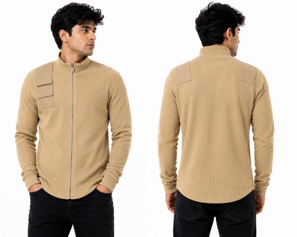 Men's Beige Ribbed High Neck Zip-Up Jacket