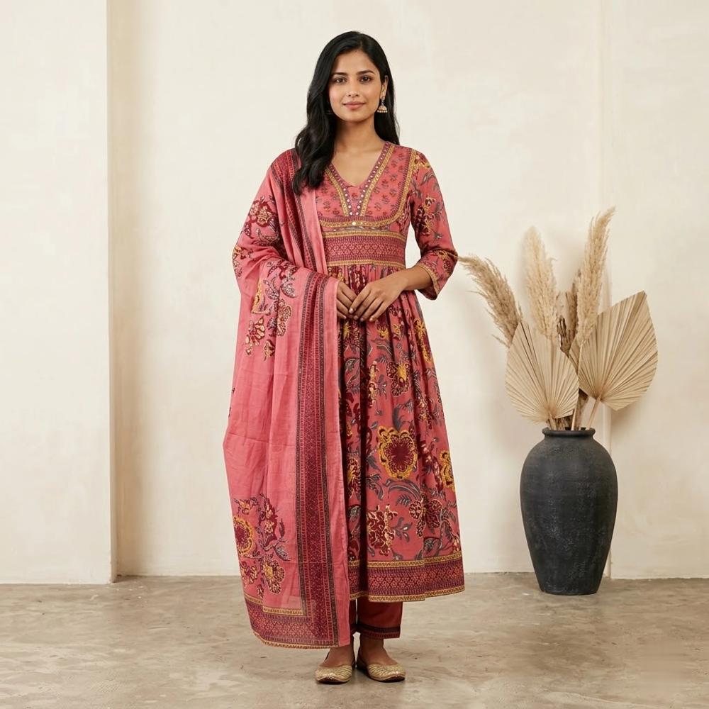 Cotton Anarkali Kurta with Pant and Dupatta 