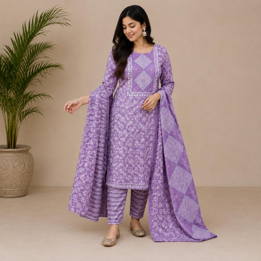 Cotton Unstitched Suit Set with Printed Bottom and Dupatta