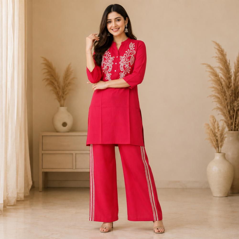 Premium Vertical Silk Embroidered Cord Set for Women