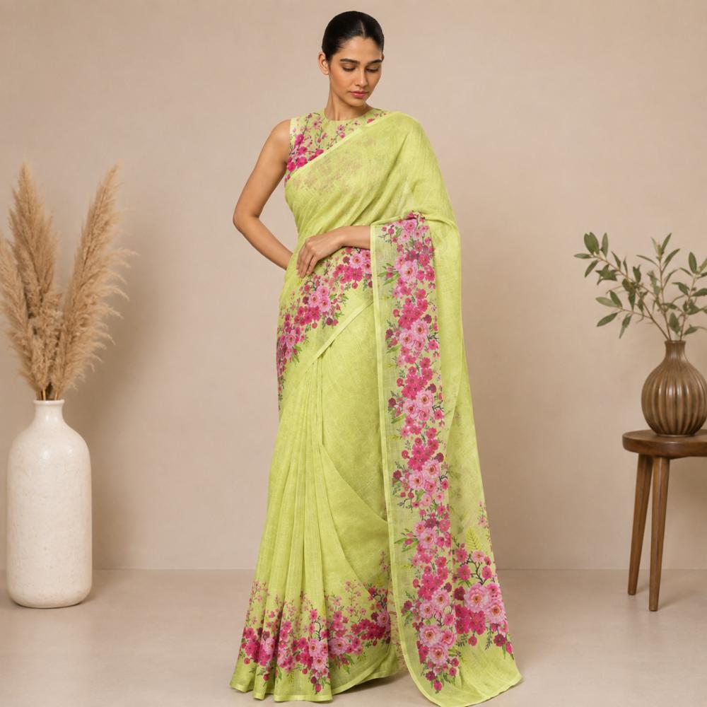 Soft Cotton Linen Floral Digital Print Saree 