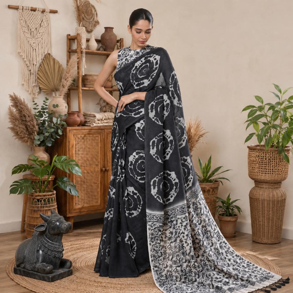 Soft Cotton Linen Floral Digital Print Saree with Printed Blouse