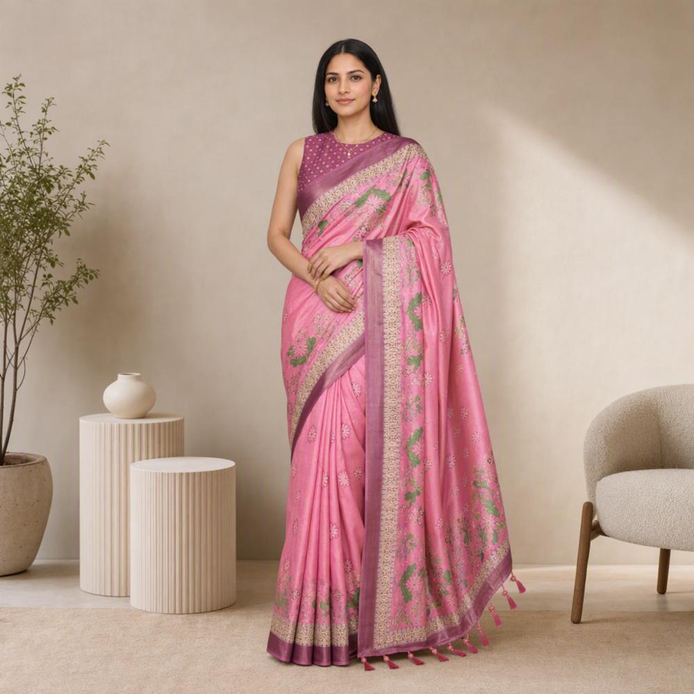 Shimmer Floral Digital Print Saree with Golden Aari Work and Printed Blouse