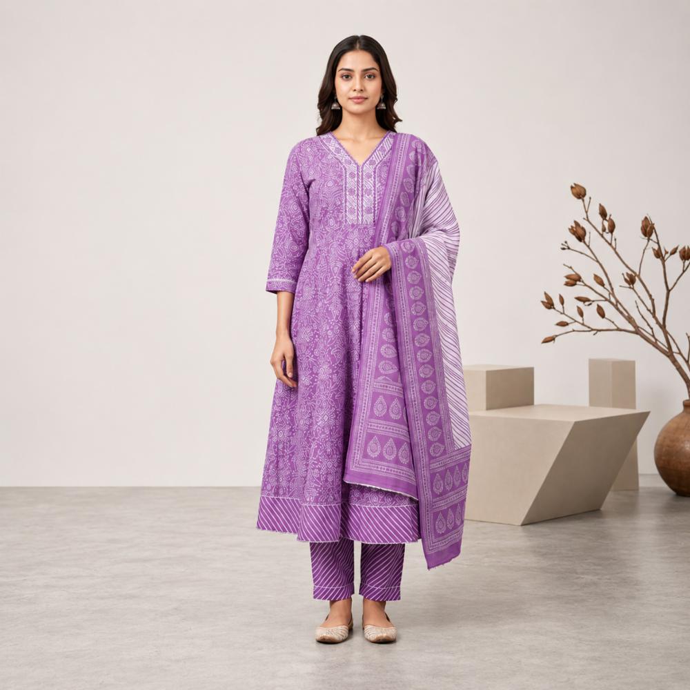 Pure Cotton Anarkali Kurti Pant Dupatta Set for Women 