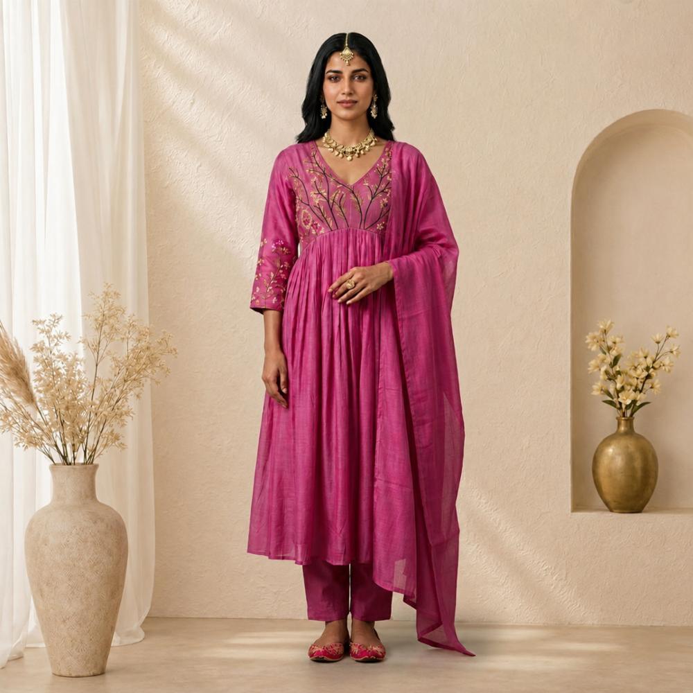 Banarasi Mul Chanderi Suit Set with Hand Embroidery and Dupatta
