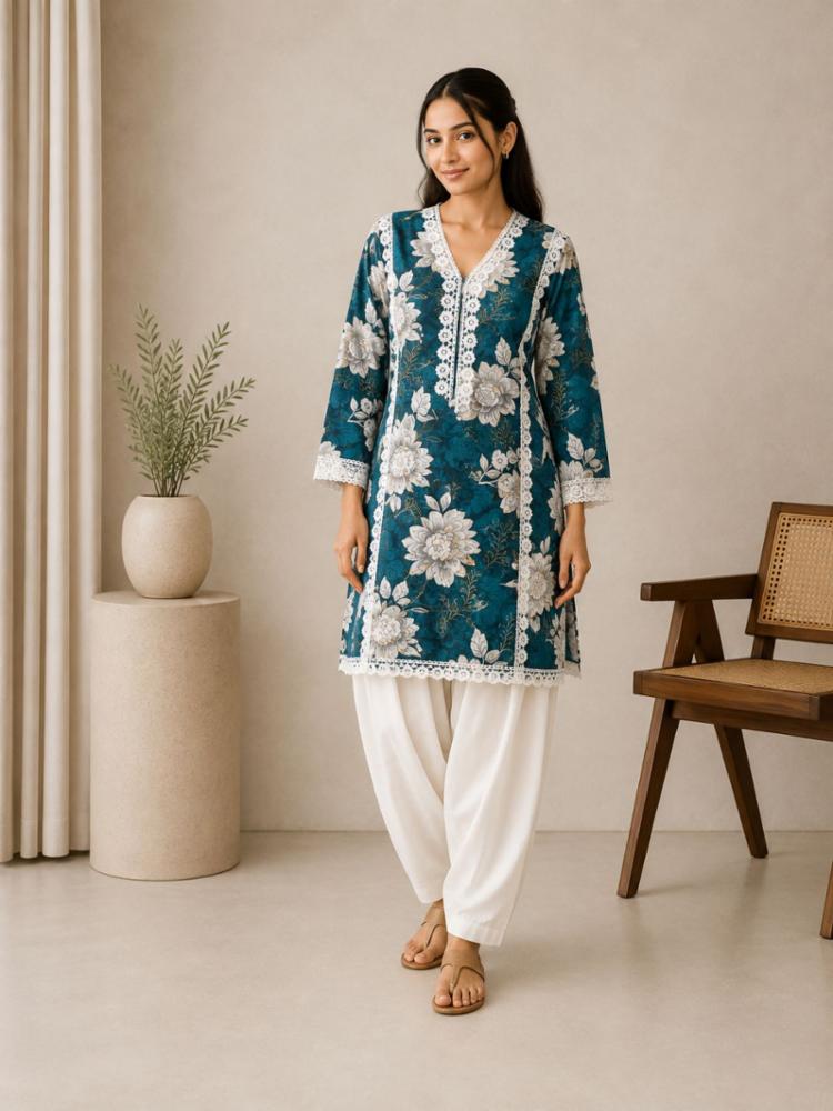 Womenâs Pure Cotton Floral Printed Farsi Suit with Lace Work