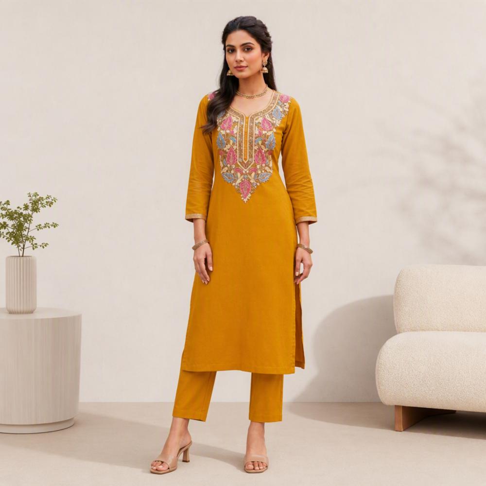 Cotton Short Kurti with Kashmiri Aari Work and Knee Length