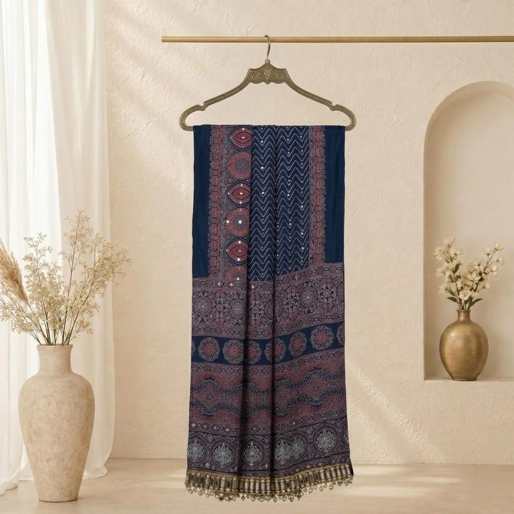 Arjakh Satin Silk Saree with Designer Print, Rich Pallu & Mirror Work