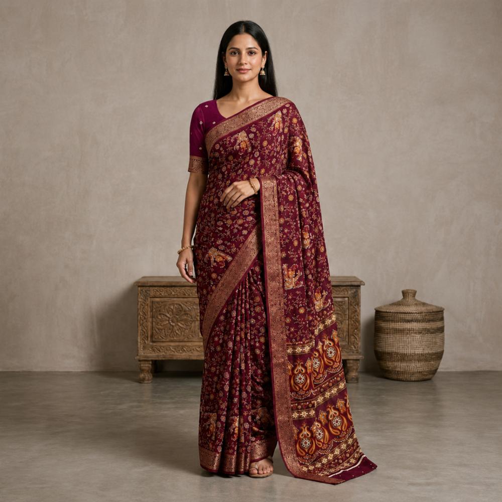 Georgette Saree With Digital Floral Print And Blouse