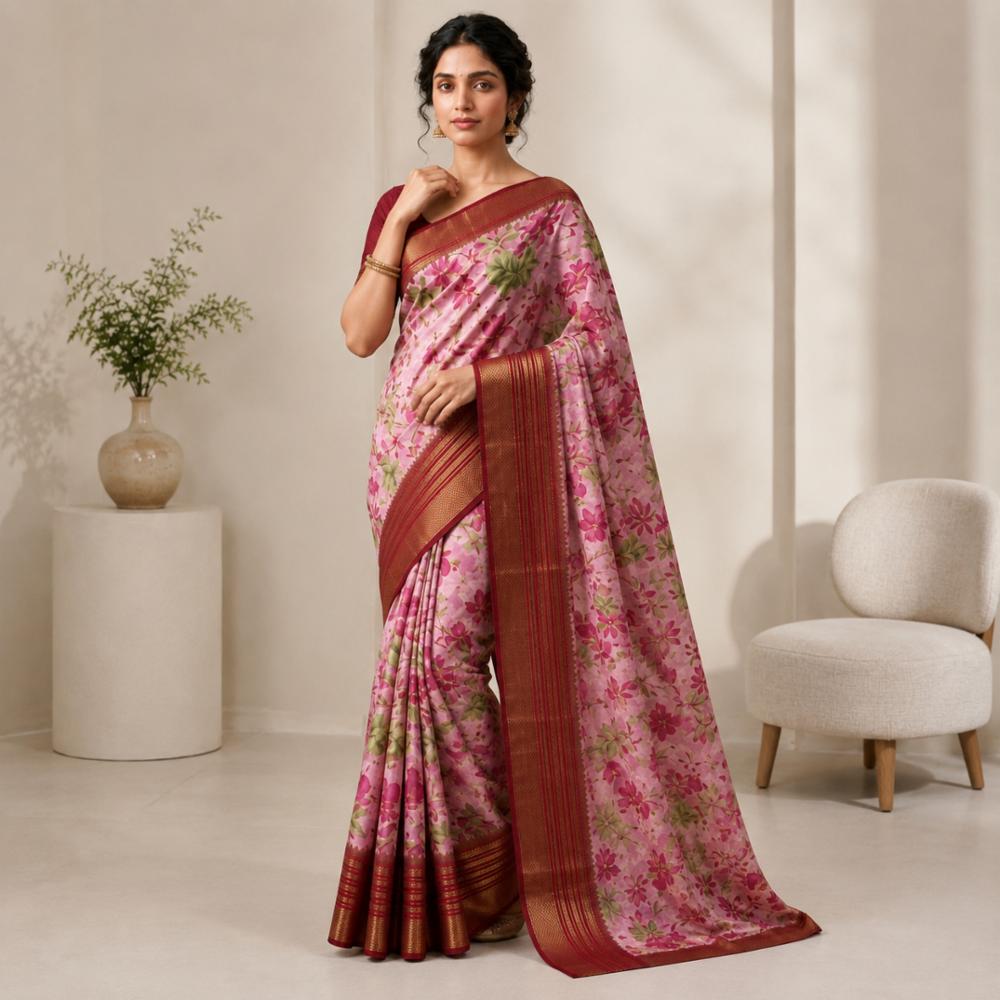 Semi Silk Saree with Chex Weaving and Blouse