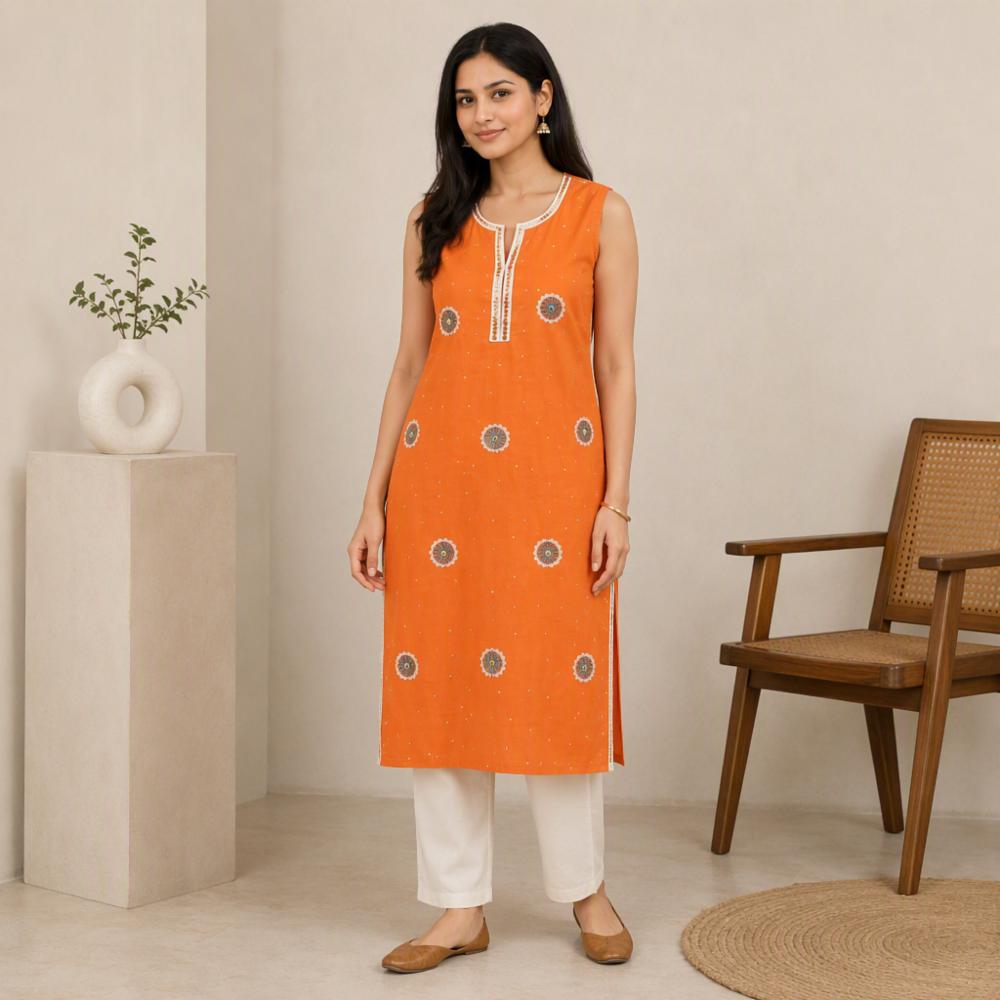 Women's Cotton Handwork Straight Sleeveless Kurti
