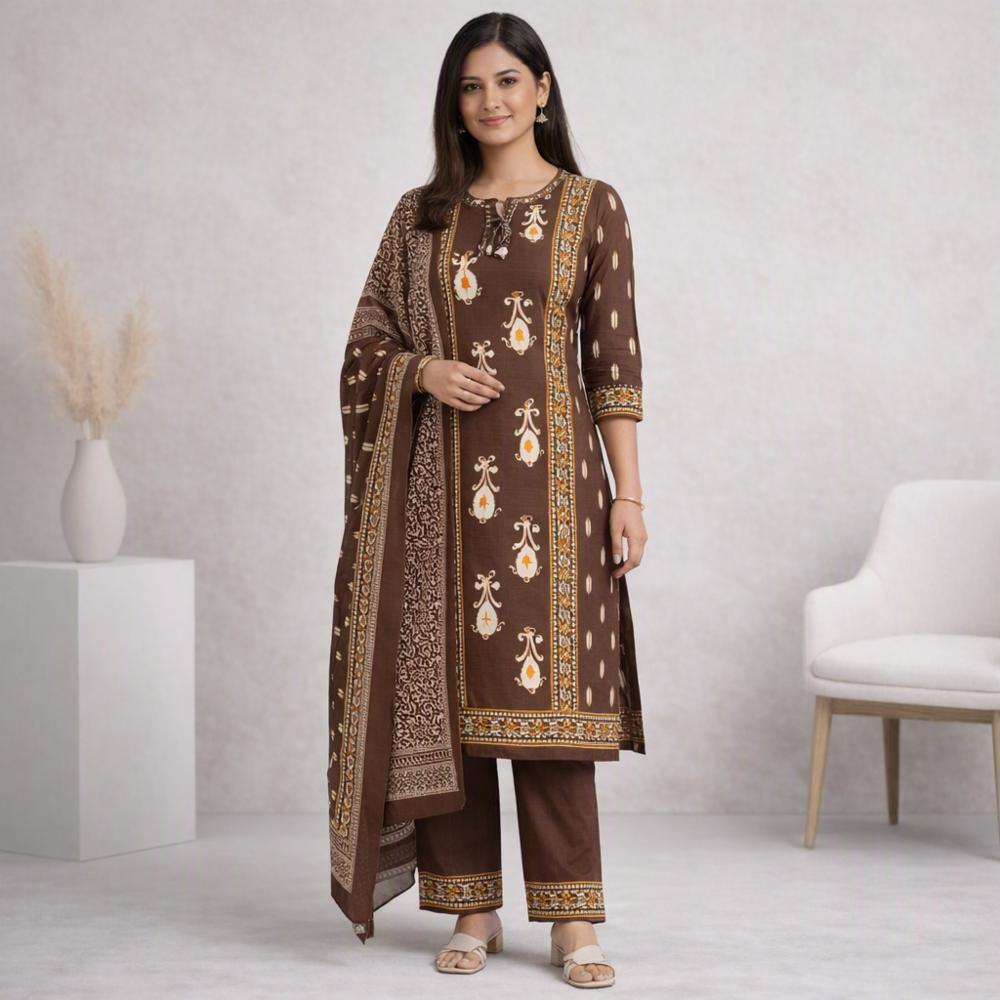 Womenâs Premium Cotton Kurta Pant Dupatta Set | Jaipuri Print