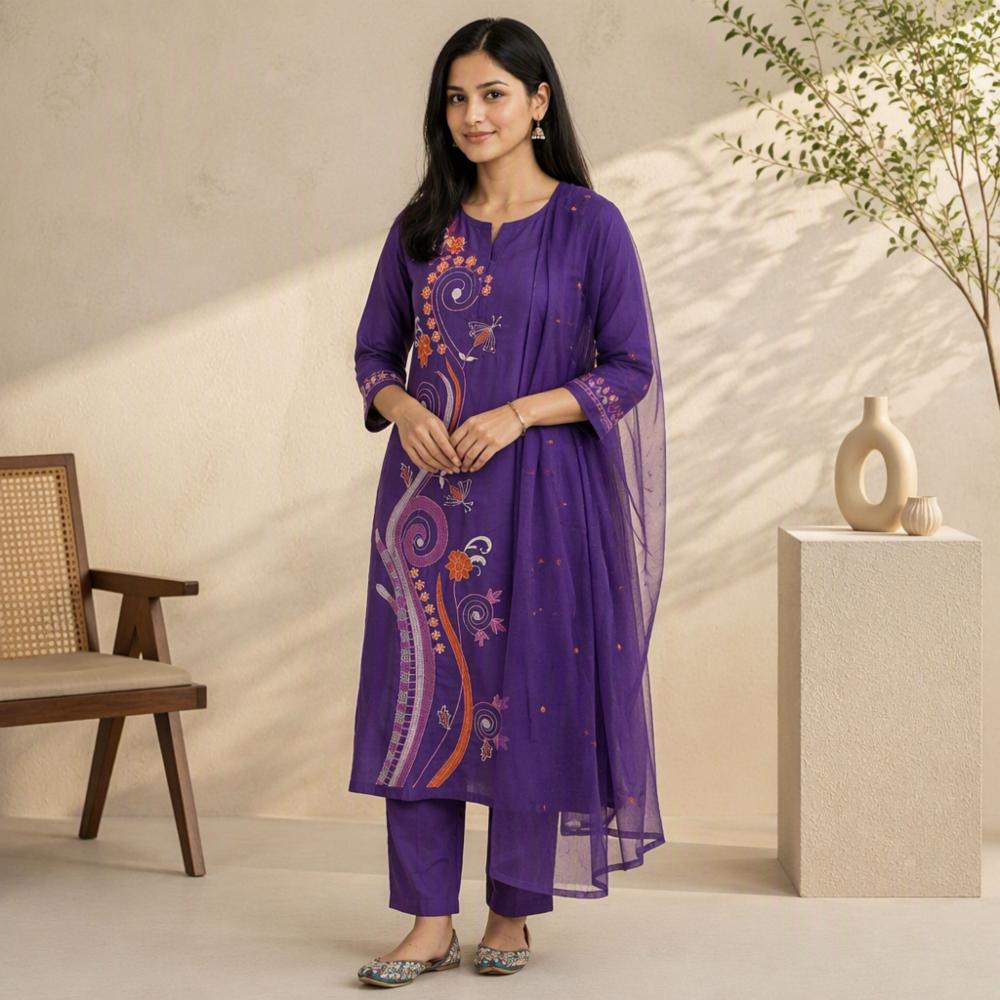 Women's Premium 60s Cotton Jaipuri Print Kurta Pant Dupatta Set
