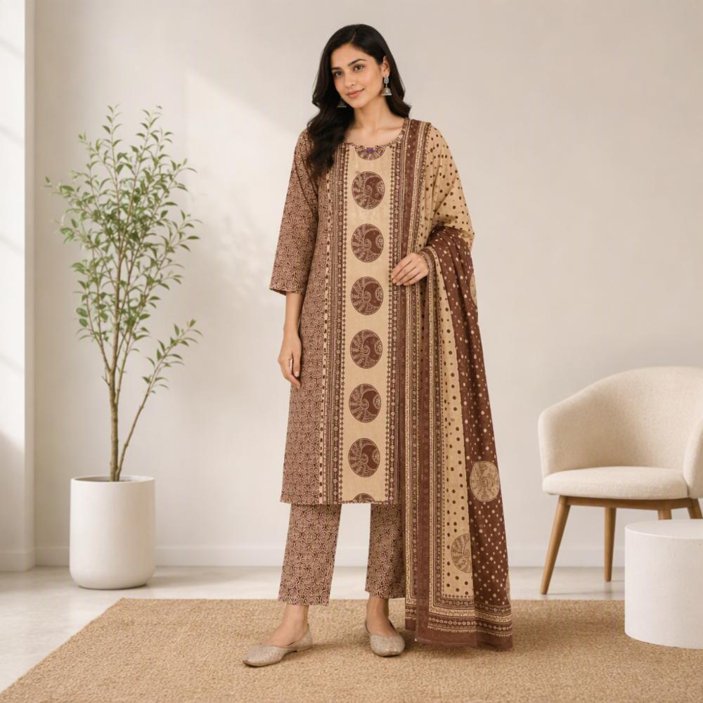 Womenâs Premium Cotton Kurta Pant Dupatta Set | Jaipuri Print 