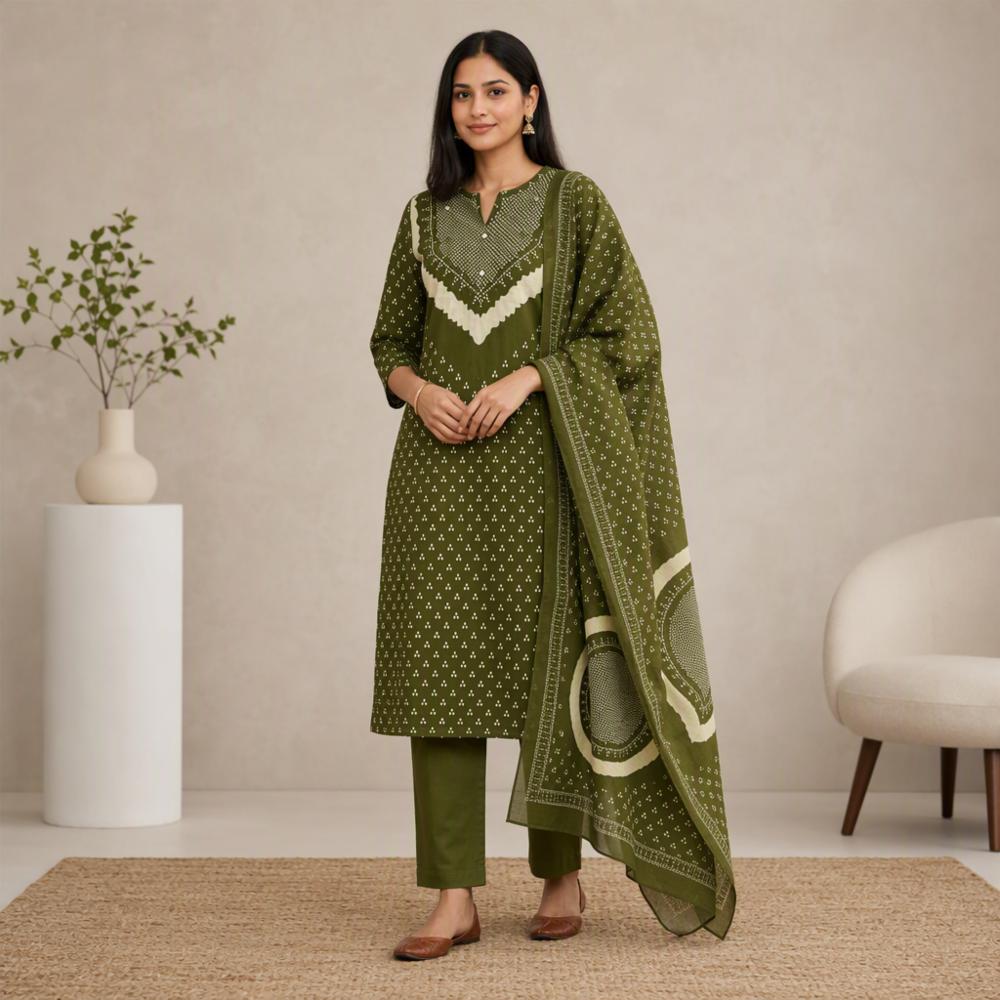 Womenâs Premium Cotton Kurta Pant Dupatta Set | Jaipuri Print & Mirror Work