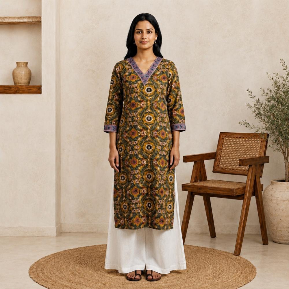 Women Cotton Floral Printed Straight Kurti 