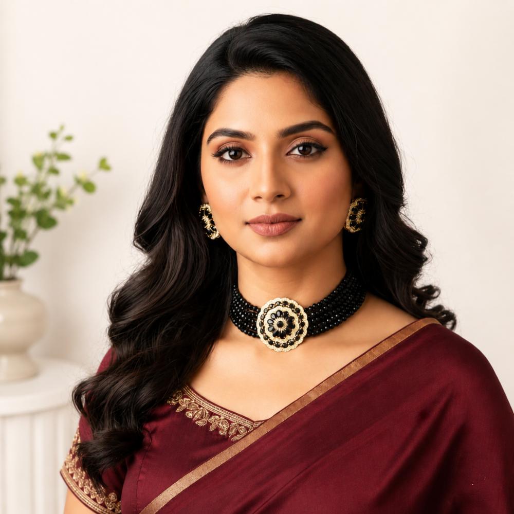 Gold Plated Black Beaded Choker Necklace Set with CZ Stone and Earrings for Women