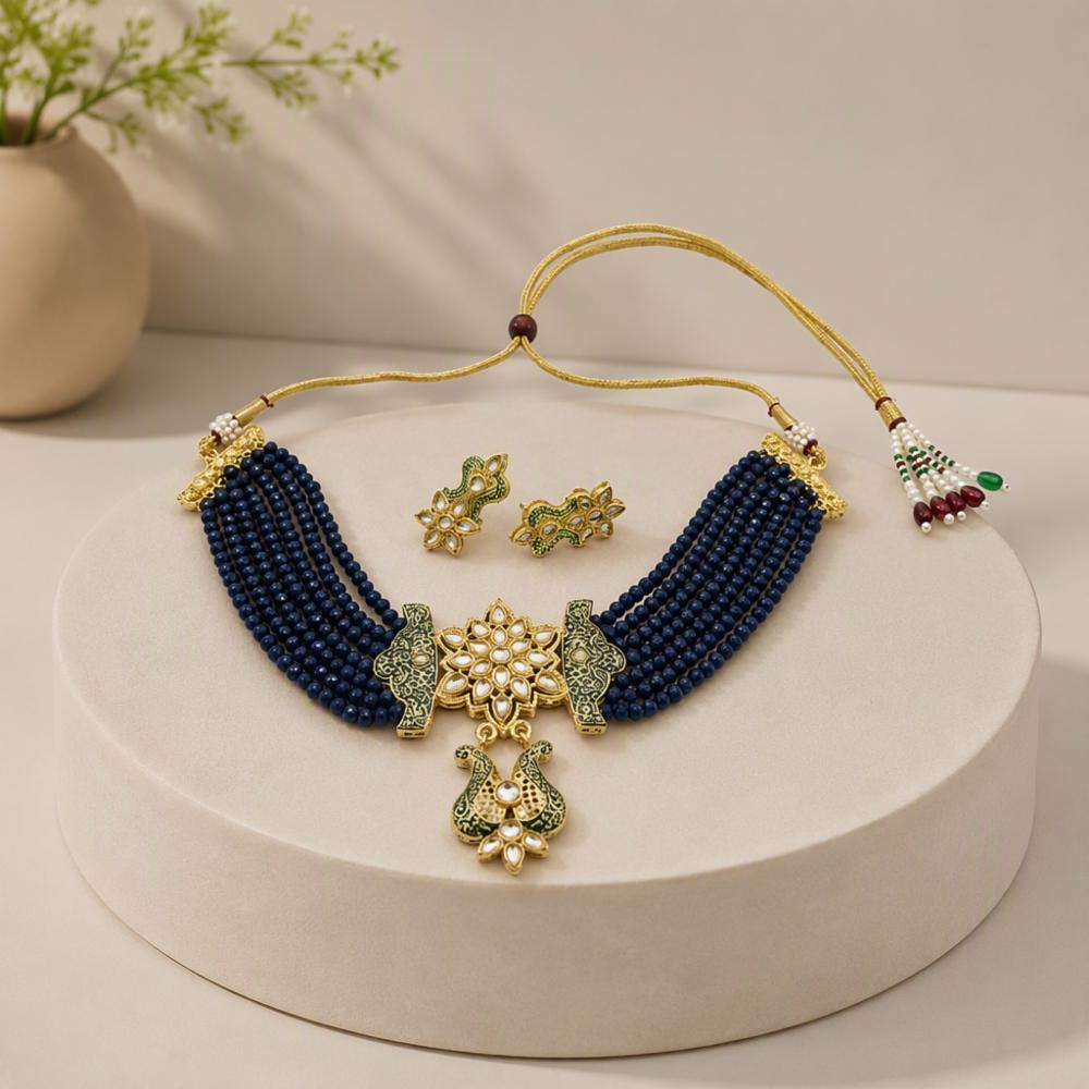 Gold Plated Royal Blue Kundan & Meenakari Choker Necklace Set with Earrings for Women