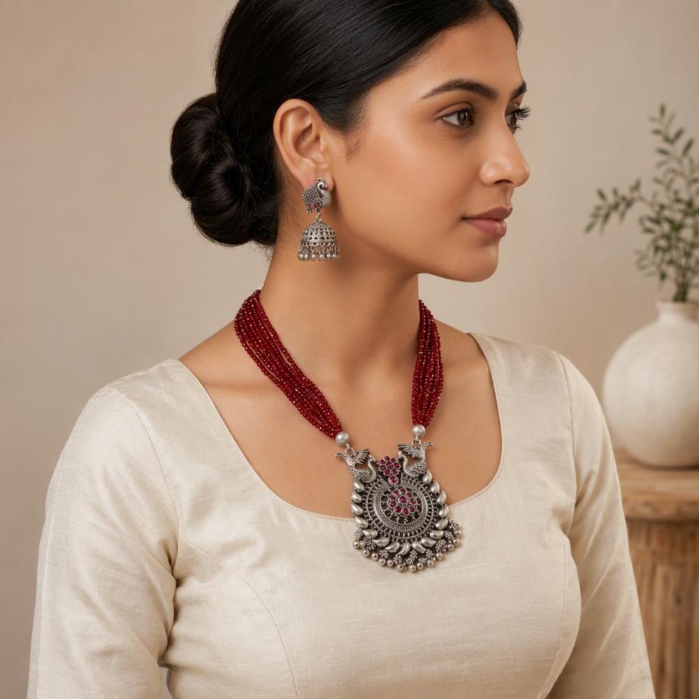 Oxidized Silver Peacock Pendant Necklace Set with Red Beads & Matching Jhumki Earrings for Women & Girls